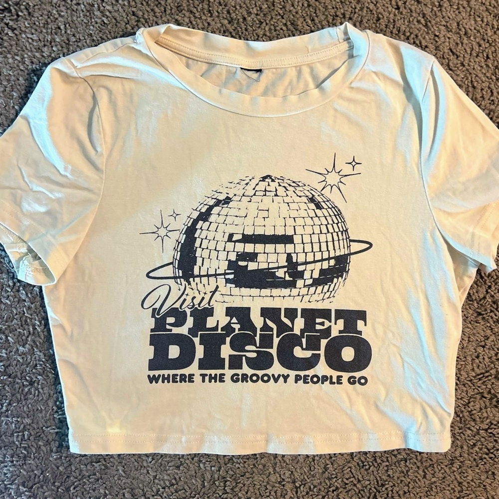 Visit Planet Disco Graphic Crop Top - Cream